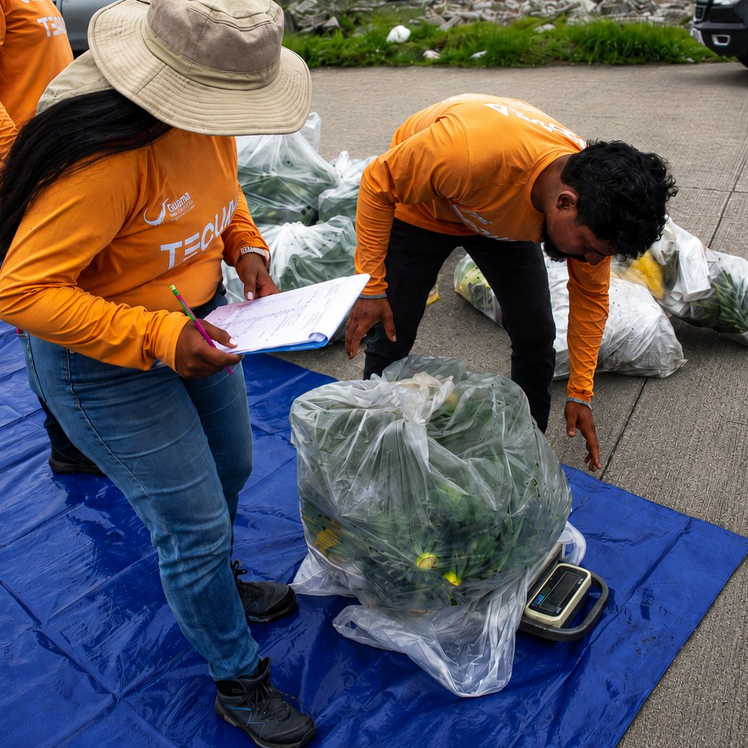 Equipo pesando material orgánico y registrando datos de campo para una evaluación de economía circular.